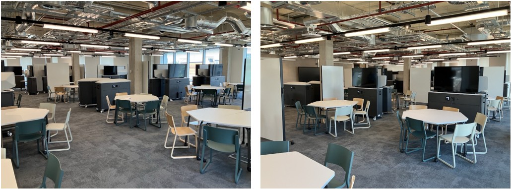 Classroom with table and chairs set up for active learning.